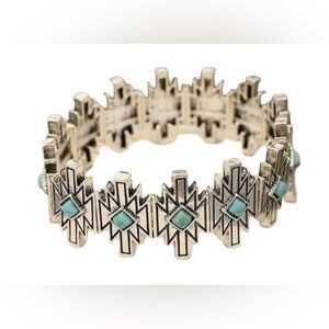 Boho Western Aztec Silver and Turquoise Geometric Bracelet